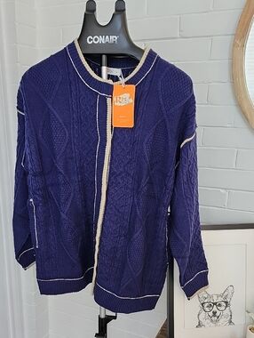 Blue Cable Knit Cardigan with Cream Trim, Small